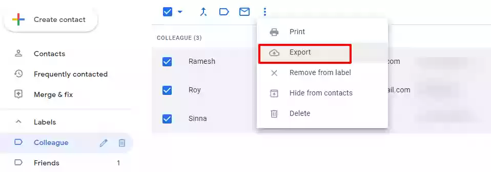 Image showing exporting google contacts to a csv file