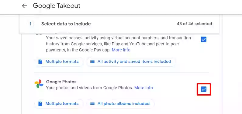 Image showing google takeout page