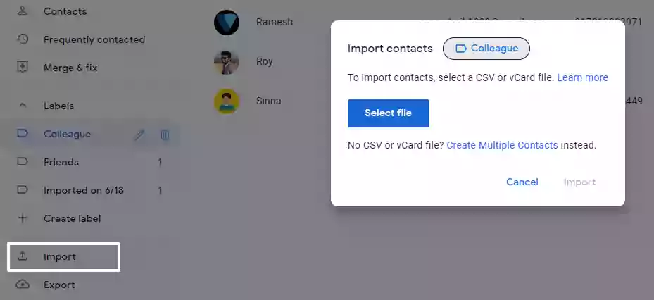 Image showing importing google contacts to a csv file
