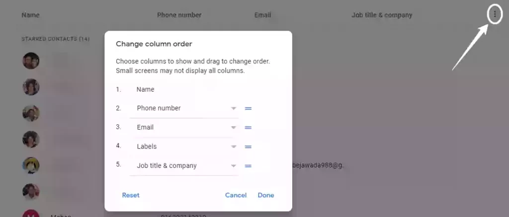 Image showing changing the order of columns in Google contacts
