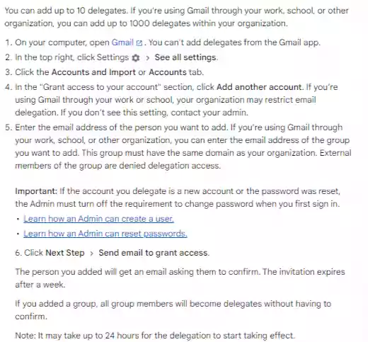 Image showing steps to add a delegate account in Gmail