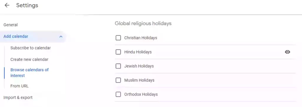 Image showing adding holidays to Google calendar