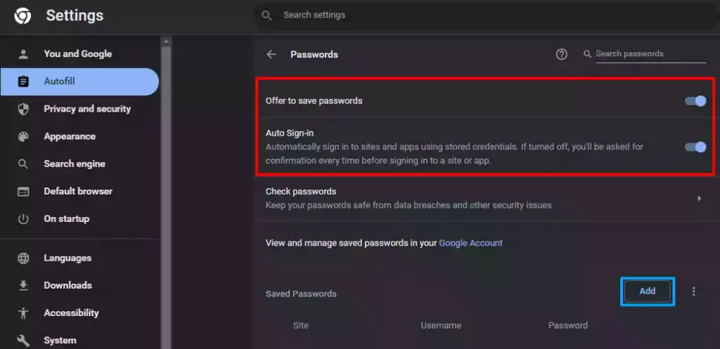 Image showing auto save passwords