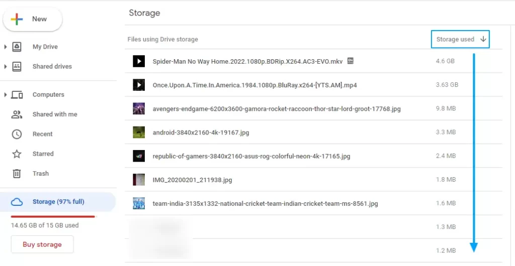 Image showing google drive files sort by size