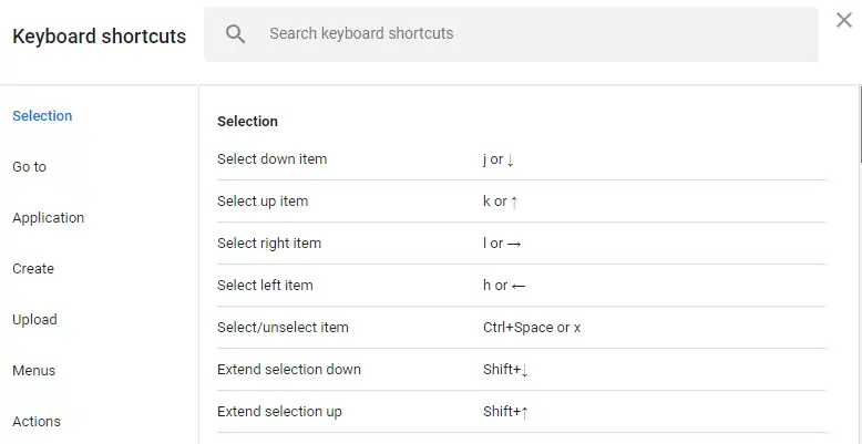Image showing the list of google drive keyboard shortcuts