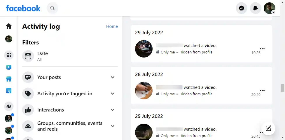 Image showing recently watched videos on facebook on desktop site